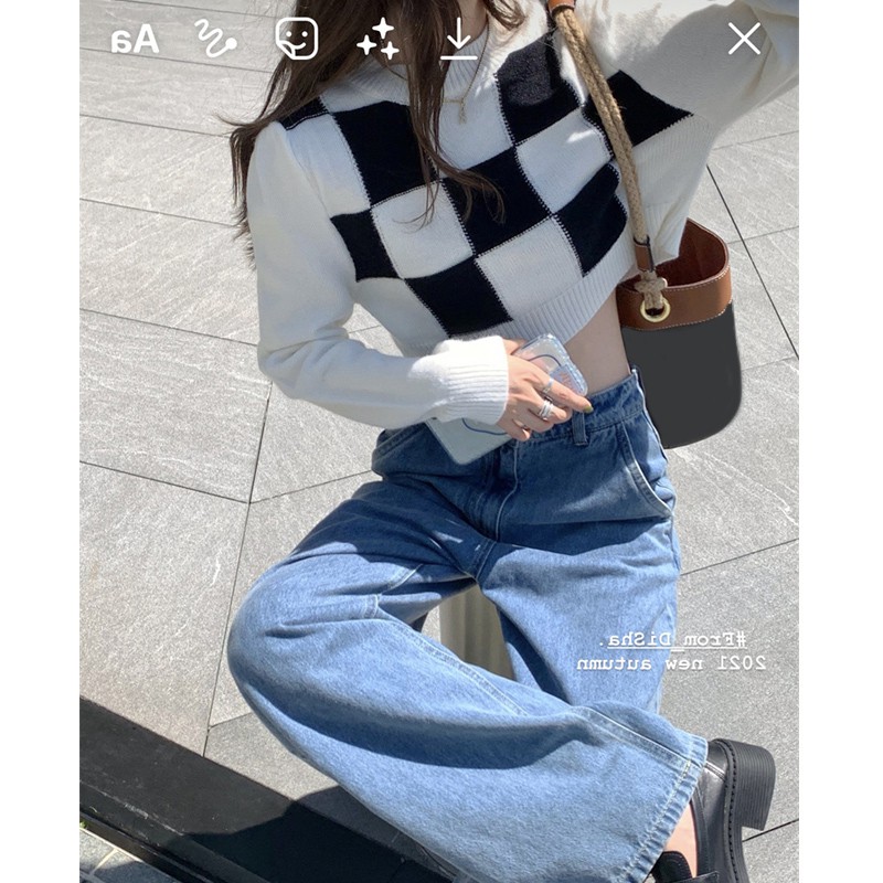 Áo sweater dáng ngắn họa tiết kẻ ô vuông màu trắng đen phong cách Hàn Quốc dễ phối đồ