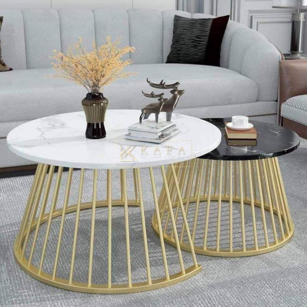 Bàn trà đôi sofa H2 Furniture mặt đá vân mây 3D khung kim loại sơn tĩnh điện bền đẹp cho phòng khách, ban công