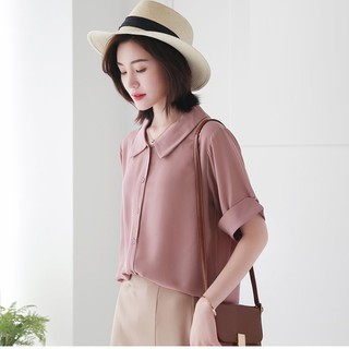 Áo sơ mi nữ tay ngắn cổ kiểu lá sen vải manggo cao cấp