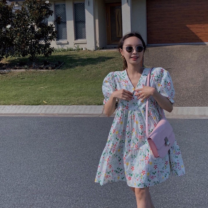 Đầm dài cổ búp bê dáng rộng họa tiết hoa thời trang cho nữ