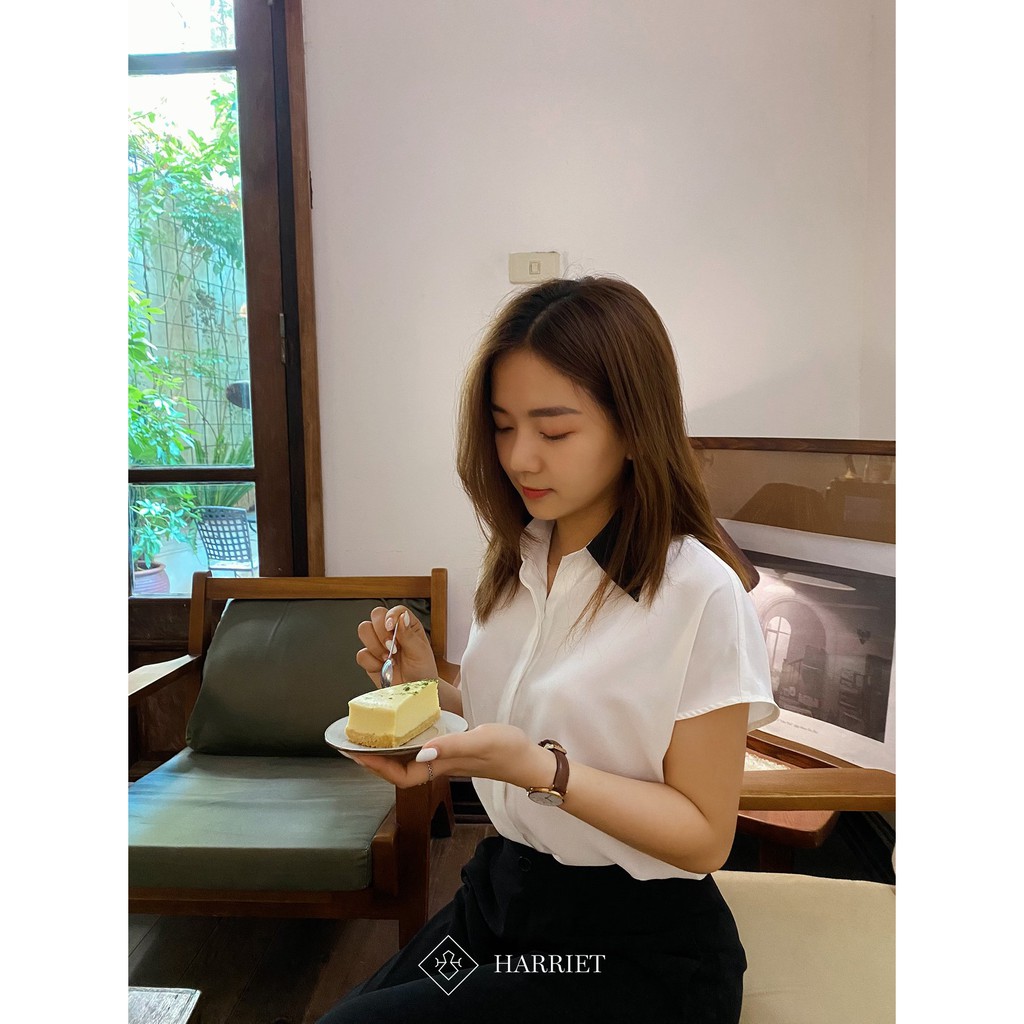 Áo sơ mi nữ trắng cổ đức voan kính đen Mia Harriet
