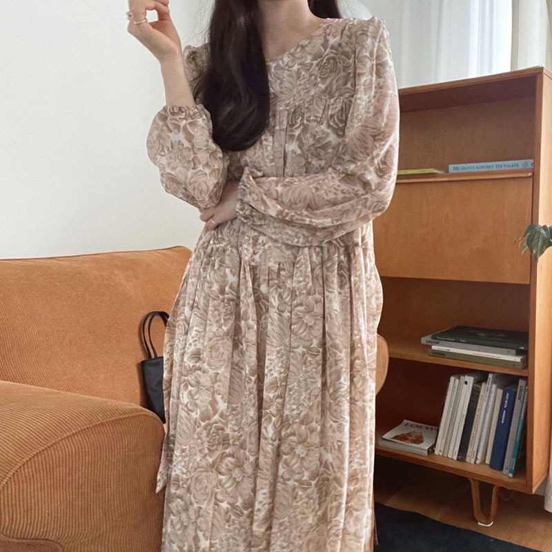 Korean chic spring French retro design printed bubble sleeve waist lace up medium length Chiffon Dress