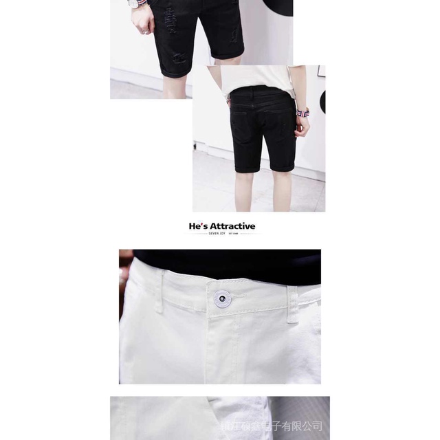 Quần Short Denim Trắng/Đen Dáng Ôm Co Giãn Rách Gối Phong Cách Hàn Quốc Cỡ Lớn Cho Nam