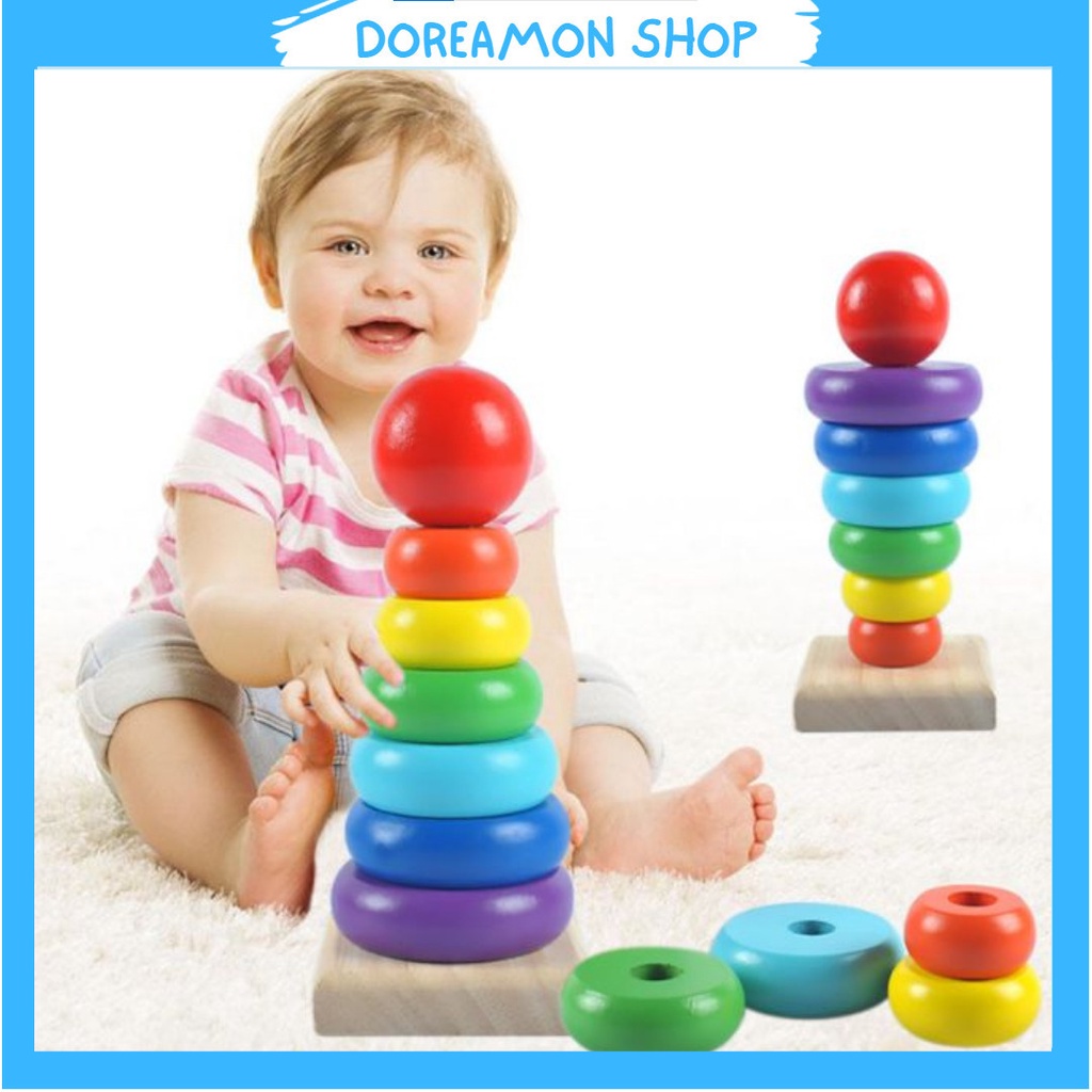 Đồ chơi gỗ tháp cầu vồng mini 7 màu,đồ chơi giáo dục cho bé nhận biết màu sắc,kích thước. Doreamon Shop