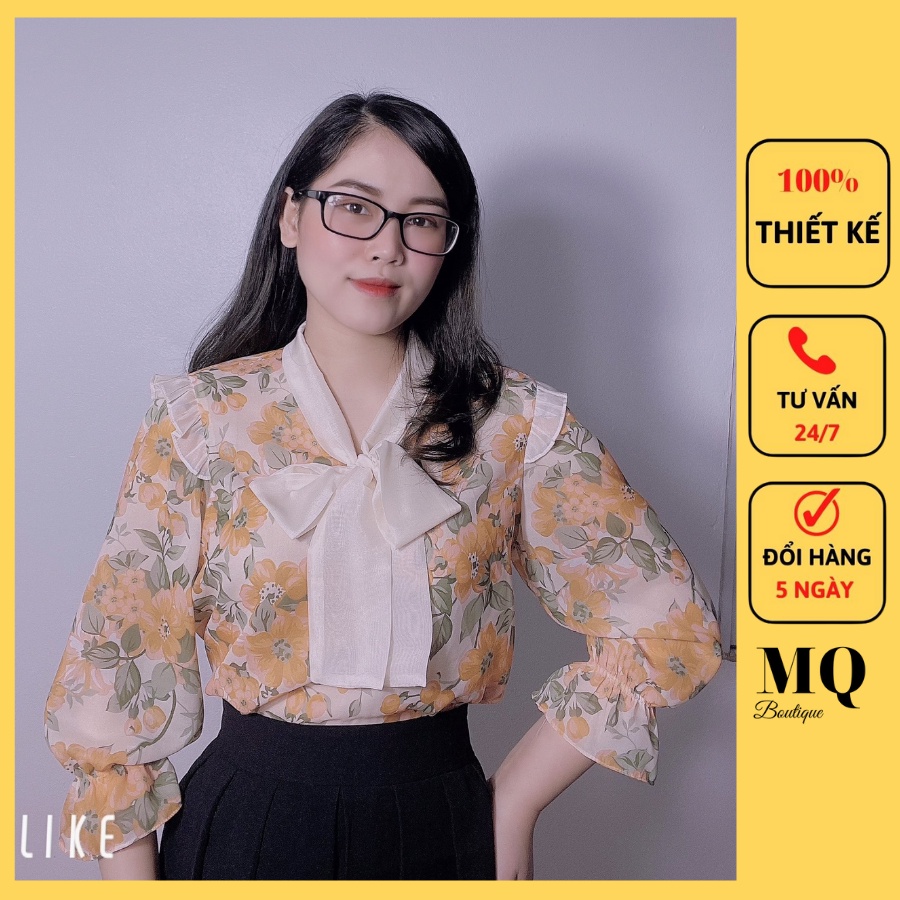Áo sơ mi nữ tơ lụa tay bồng lỡ cao cấp công sở hoa vàng họa tiết phối bèo cổ nơ,áo sơ mi họa tiết thiết kế MQ Boutique
