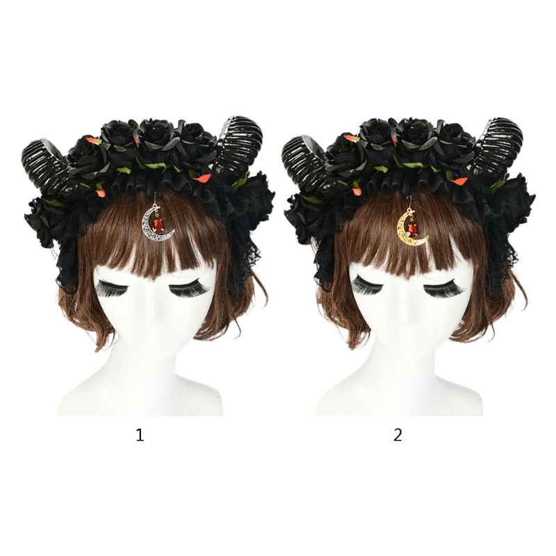 Băng Đô Cài Tóc Hình Sừng Tuần Lộc Phối Ren Hoa Hồng Handmade Phong Cách Gothic Lolita