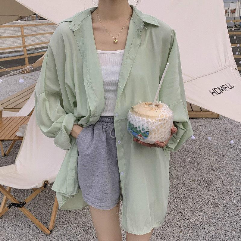 Áo Sơ Mi Vải Lụa Lạnh Mỏng Tay Dài Dáng Rộng Chống Nắng Thời Trang Mùa Hè Cho Nữ