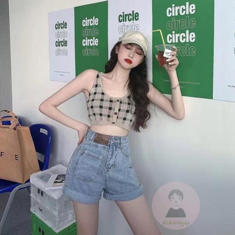 Áo Tank Top Không Tay Hở Lưng Dệt Kim Họa Tiết Sọc Caro Phong Cách Vintage Cho Nữ