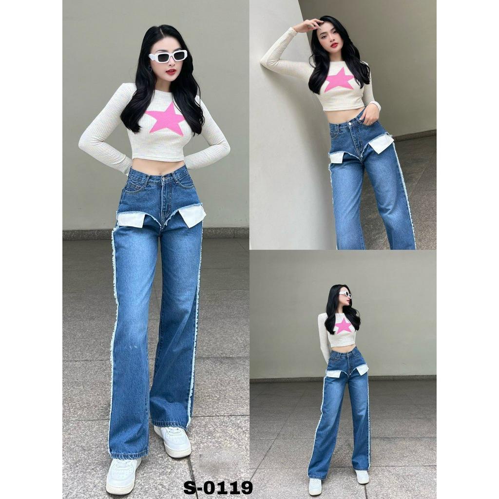 Quần bò ống rộng nữ,Jeans phối túi ngoài, cạp cao quần jeans ống rộng lưng cao, vải bò dày đẹp, không giãn dáng suông