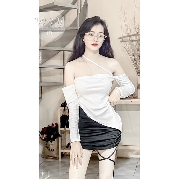 Set áo tay dài chéo dây phối chân váy rút