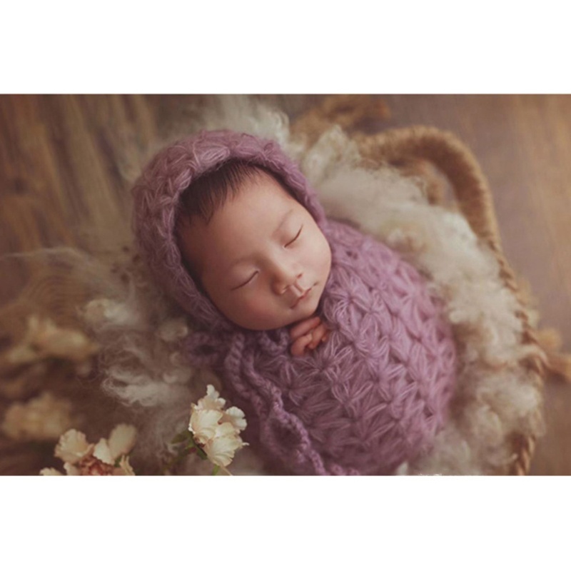 Bộ Chăn Quấn + Nón Phối Lưới Dệt Kim Co Giãn Làm Phụ Kiện Chụp Ảnh Cho Bé Sơ Sinh