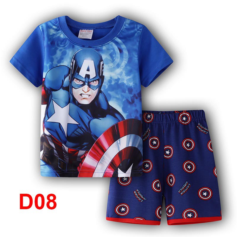 Bộ đồ ngủ áo thun tay ngắn in hoạt hình Avengers Captain America dành cho bé trai 1-7 tuổi