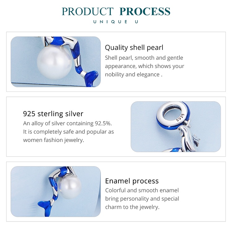 BAMOER Mặt Dây Chuyền Bạc 925 Hình Nàng Tiên Cá Đính Ngọc Trai