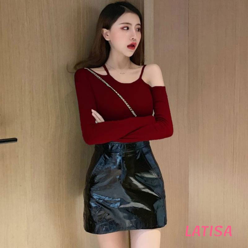 Áo croptop tay dài ôm body nữ kiểu hàn quốc thun gân đỏ đen hở vai sexy LATISA CRD05