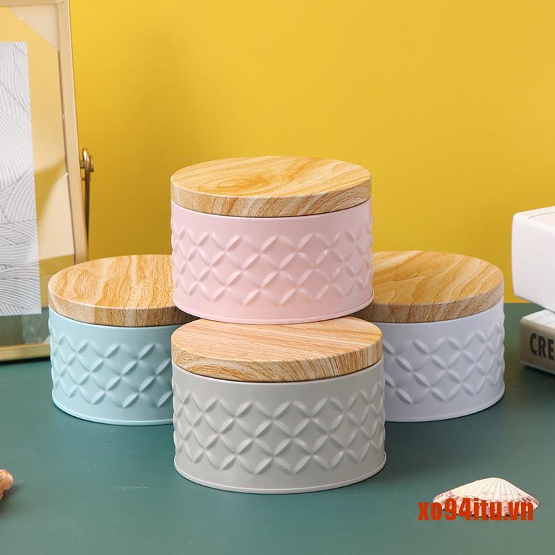 Hộp Sắt Rỗng Hình Tròn Có Nắp Gỗ Dùng Đựng Nến Diy