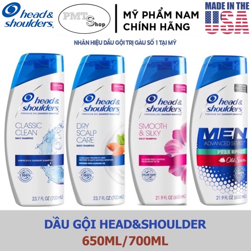 Dầu gội sạch gàu Head &amp; Shoulders Mỹ 700ml Classic Clean | Dry Scalp Care | Smooth &amp; Silky | Pure Sport 650ml