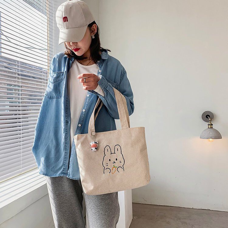Túi tote vải nhung tăm đeo vai Hàn Quốc cao cấp có khoá miệng, Túi vải tote đi học in họa tiết Gấu xinh