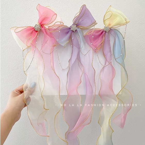 Kẹp tóc hình nơ vải lưới phối dây ruy băng kiểu Nhật Bản Hàn Quốc thời trang mùa hè cho nữ