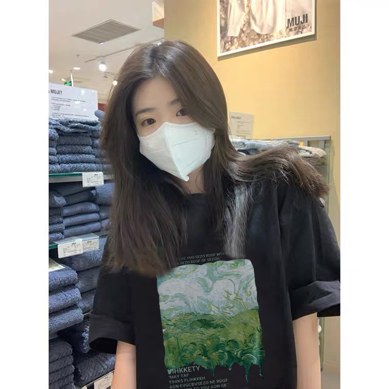 Áo thun SELVZE cotton tay ngắn dáng rộng in họa tiết phong cách Mỹ cổ điển thời trang cho nữ