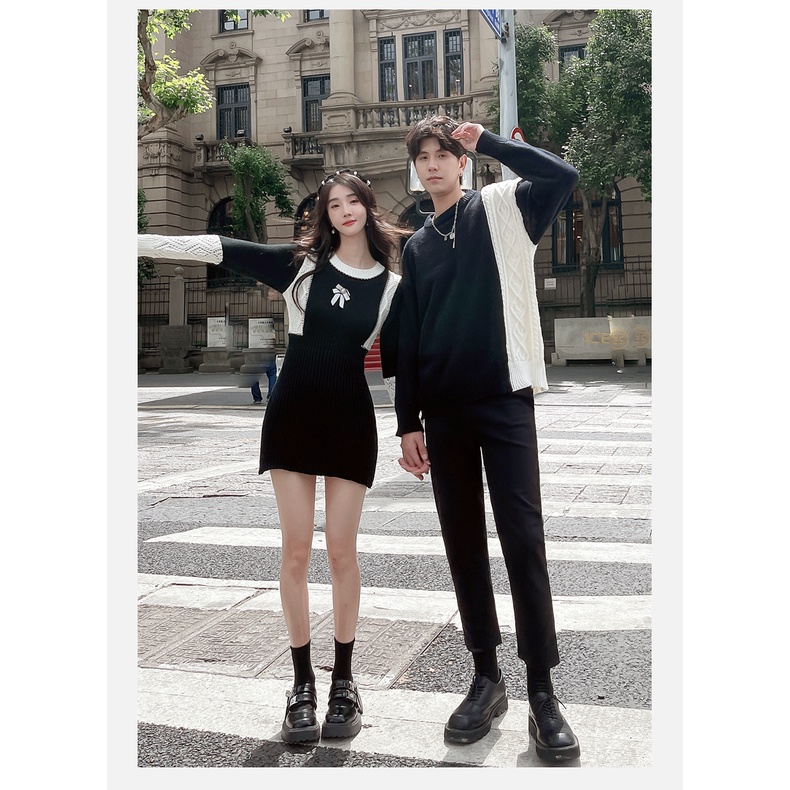 New oder. Set đồ đôi tình nhân, áo len nam và váy đầm len body phối màu đen trắng kiểu cách.