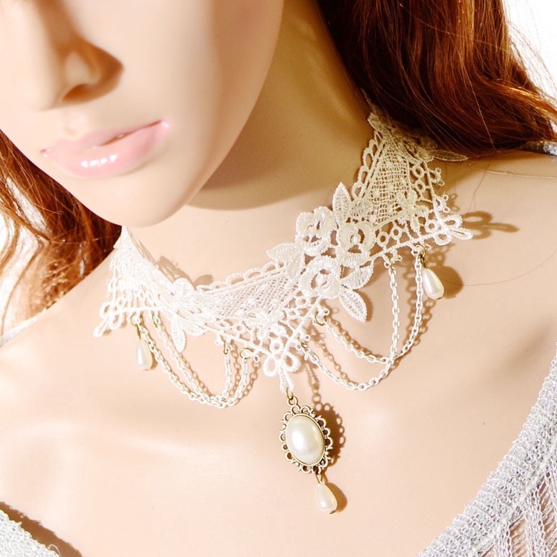 Vòng cổ choker ren hạt châu trắng đẹp lung linh