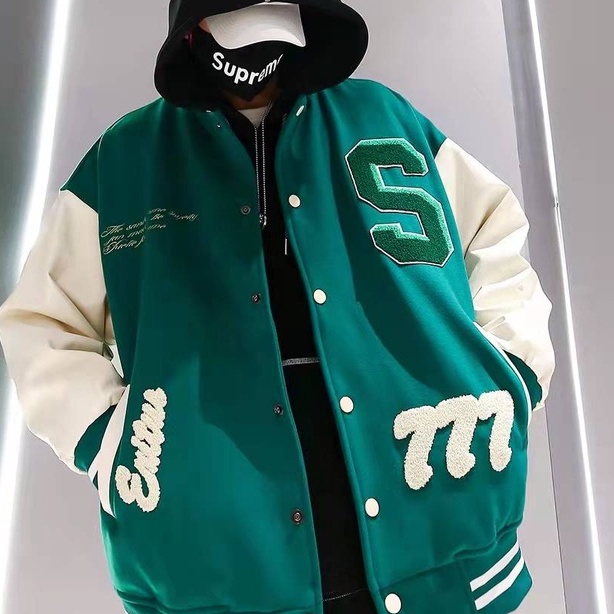 Áo khoác nỉ bóng chày dáng rộng thêu họa tiết phong cách retro thời trang cho nam