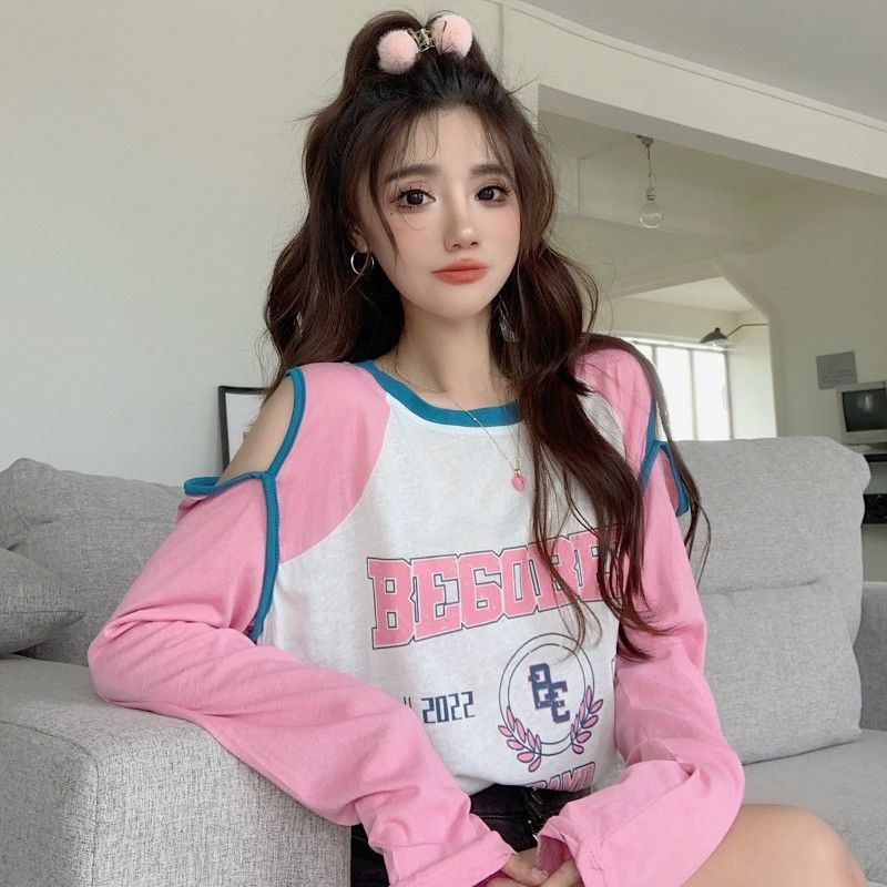 Jiashucheng Áo Thun Tay Dài Hở Vai Dáng Rộng Vừa Vặn Mùa Thu Phong Cách Hàn Quốc Cho Nữ