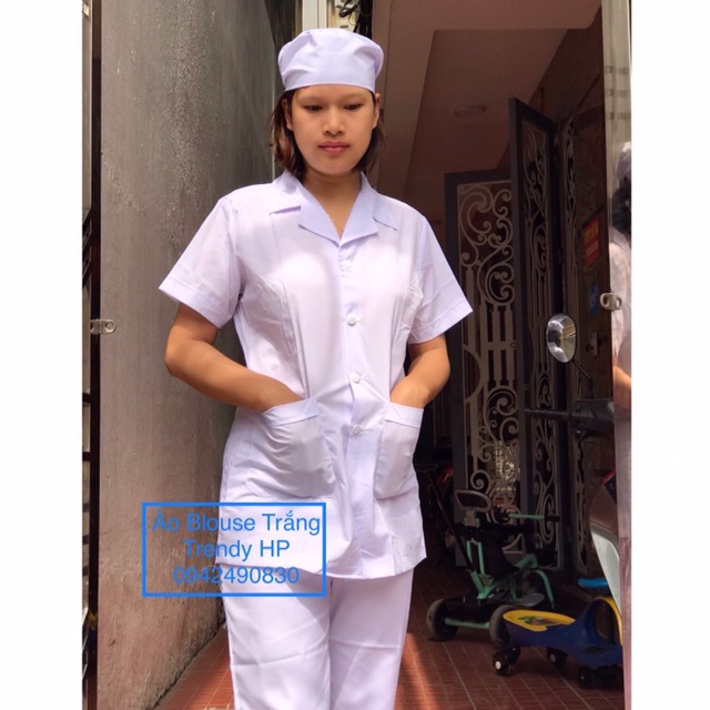 Bộ quần áo blouse trắng dược sĩ, y tá, điều dưỡng viên nữ cộc tay, dài tay cao cấp