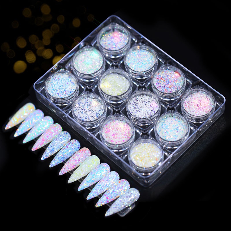 Set 12 hộp kim tuyến Misscheering trang trí móng hình lục giác 3d