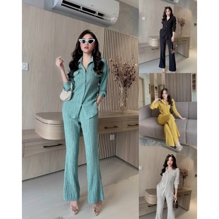 [Sẵn hàng-Ảnh Thật] Set sơ mi tay dài túi hộp mix quần suông ống rộng, ống loe