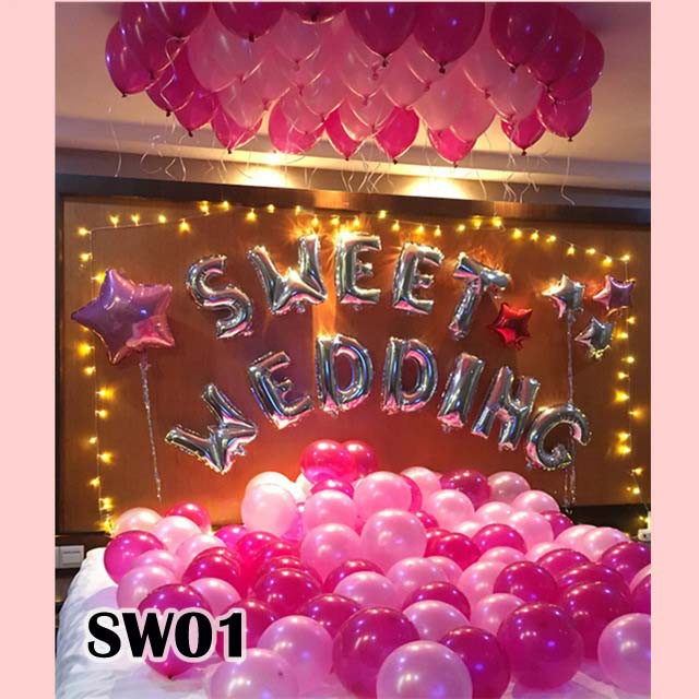 Set chữ SWEET WEDDING + phụ kiện, TẶNG Bơm keo - trang trí phòng cưới bong bóng kiếng valentine happy Foil balloon