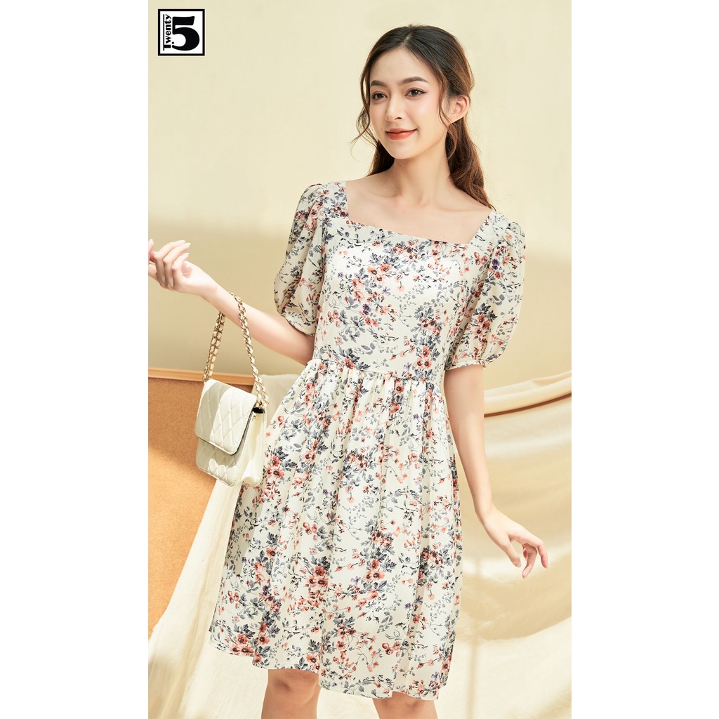 Đầm nữ babydoll hoa nhí cổ vuông tay bồng dây thắt eo sau Twentyfive N2143