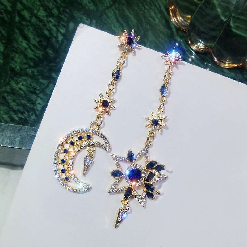 Đôi bông tai dáng dài mạ bạc 925 hình ngôi sao và mặt trăng thời trang