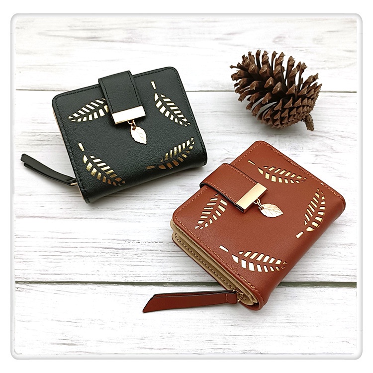 Ví Ngắn Cầm Tay Có Khóa Kéo Họa Tiết Lá Rỗng Phong Cách Hàn Quốc Cho Nữ Giá Đỡ