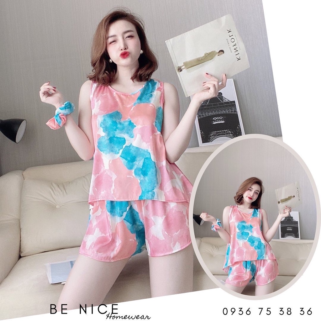 Set lụa ngắn cổ tròn lệch tà kèm cột tóc xinh xắn nhà Be Nice Homewear