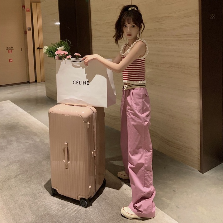 【ZHELIHANGFEI】 Áo Dệt Kim Hai Dây Dáng Ngắn Họa Tiết Kẻ Sọc