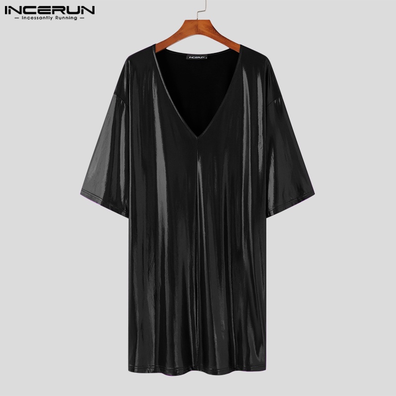 Áo thun INCERUN dài tay cổ chữ v màu sáng bóng thời trang cho nam