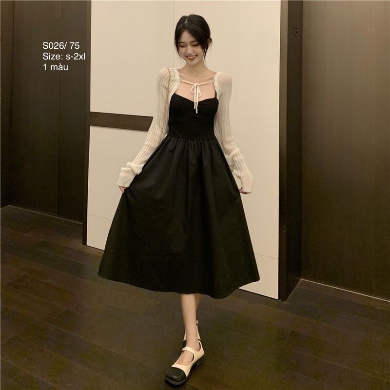 🍂 Set Cardigan len croptop dây buộc cổ + váy 2 dây đen dáng dài xoè nhẹ sang chảnh