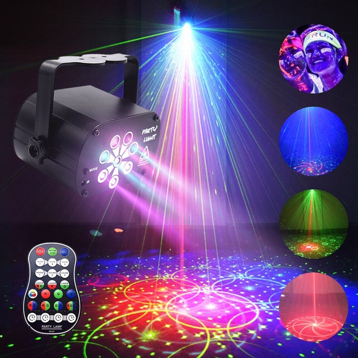 HOT SALE Đèn laser ánh sáng laze cảm biến âm thanh - Kết hợp Đèn LED xoay 7 màu dùng trang trí vũ trường, phòng karaoke