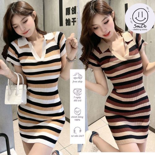 Váy Đầm Kẻ Sọc Ngang Cổ Đức Dáng Ôm Tay Ngắn | Smide Clothing