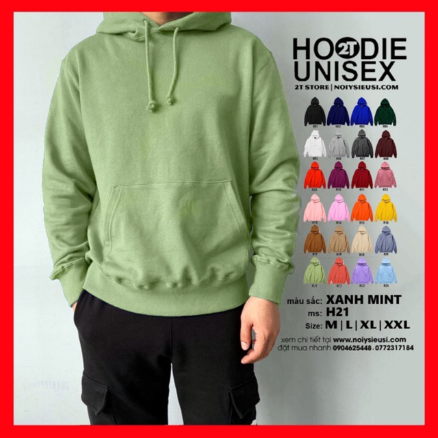 Áo hoodie unisex 2T Store H21 Xanh Mint Bạc Hà - Áo khoác nỉ bông chui đầu nam nón 2 lớp dày dặn chất lượng đẹp