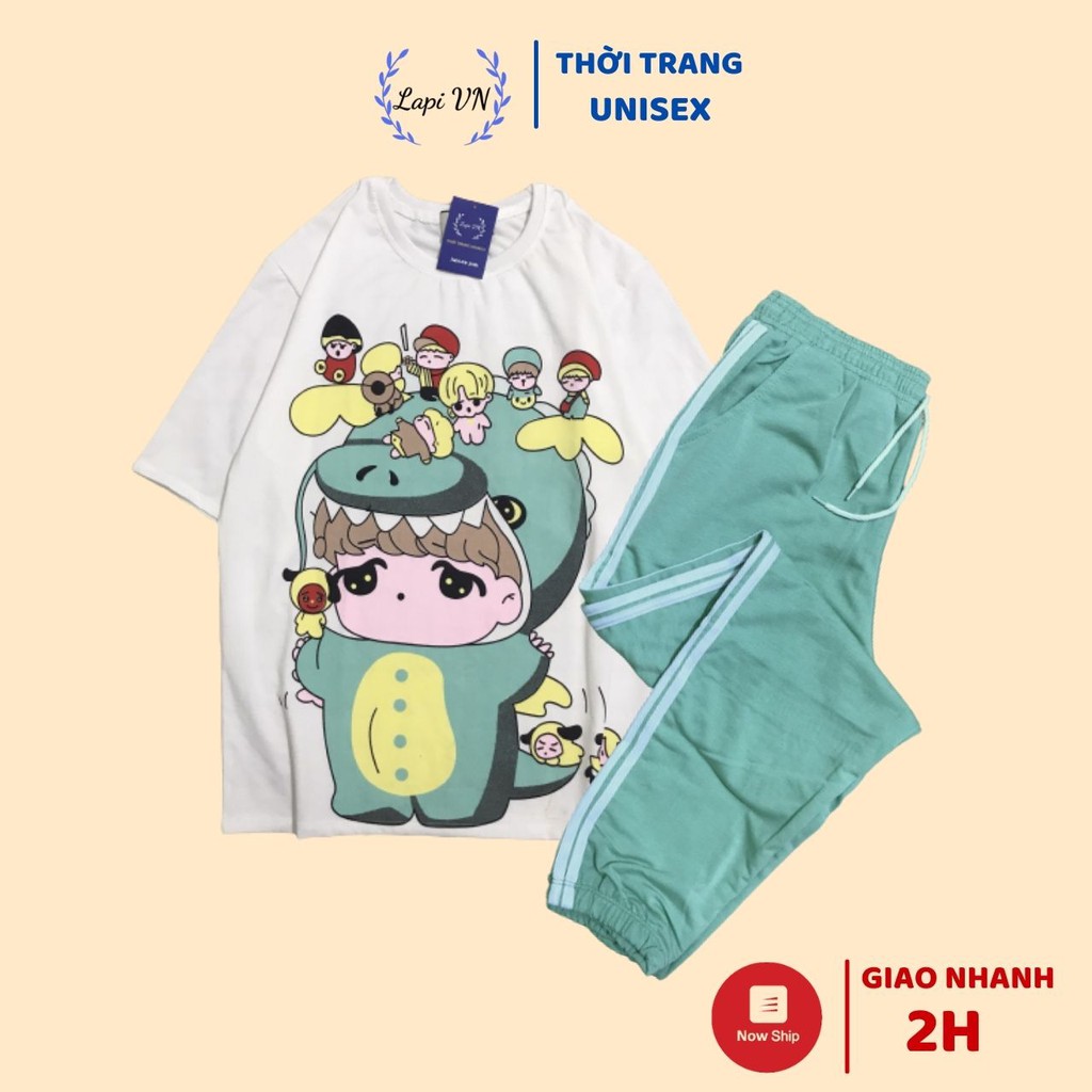 Đồ Bộ Dài Unisex Quần Jogger Áo Thun Tiểu Khủng Long Anime Lapi VN Thoáng Mát, Freesize,Form Rộng, Nam Nữ Đều Mặc Được