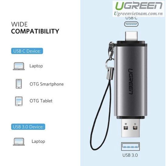 Đầu đọc thẻ nhớ SD/TF chuẩn USB Type C và USB 3.0 Ugreen 50706 cao cấp chính hãng