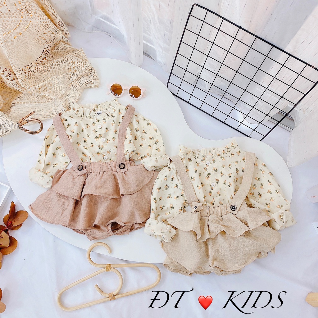 Set Áo Hoa Nhí Dài Tay Kèm Váy Tầng Cho Bé Gái