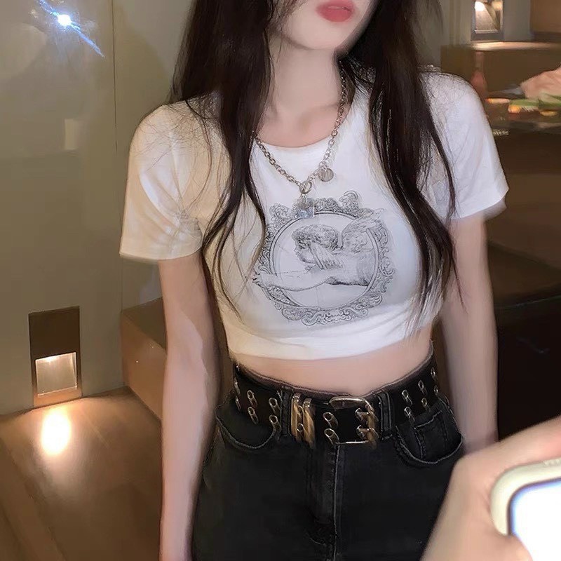 Áo Thun Croptop Tay Ngắn Hoạ Tiết In Hình Thiên Thần Ngọt Ngào