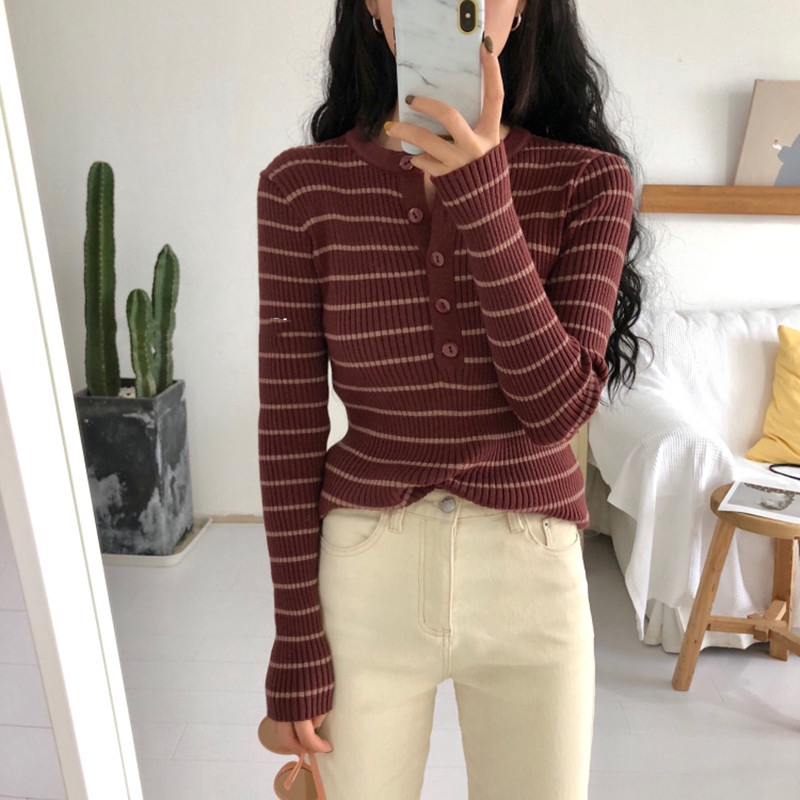 Áo Sweater Cổ Tròn Dáng Ôm Kẻ Sọc Kiểu Hàn Quốc Thời Trang Cho Nữ | WebRaoVat - webraovat.net.vn