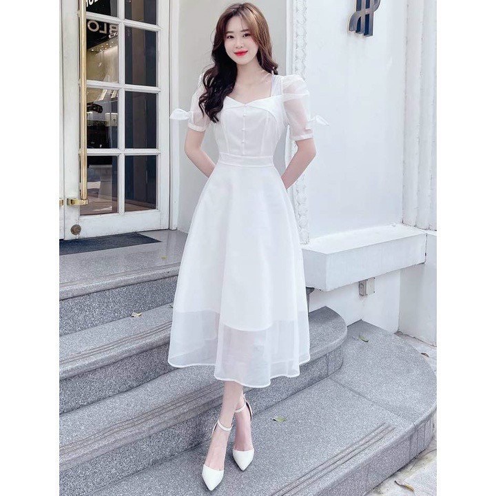 Váy đầm nữ dáng xòe tay phồng đính cườm chất voan hai lớp cao cấp xinh xắn
