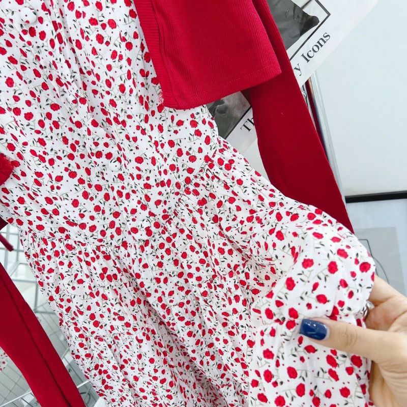 SALE TÉT-Set đầm 2 dây hoa nhí kèm áo khoác đỏ-hàng thiết kế