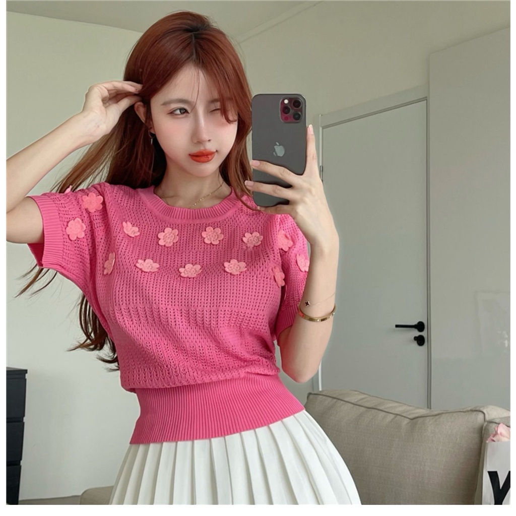 Áo thun ZHELIHANGFEI tay ngắn phồng họa tiết hoa dễ phối đồ thời trang cho nữ