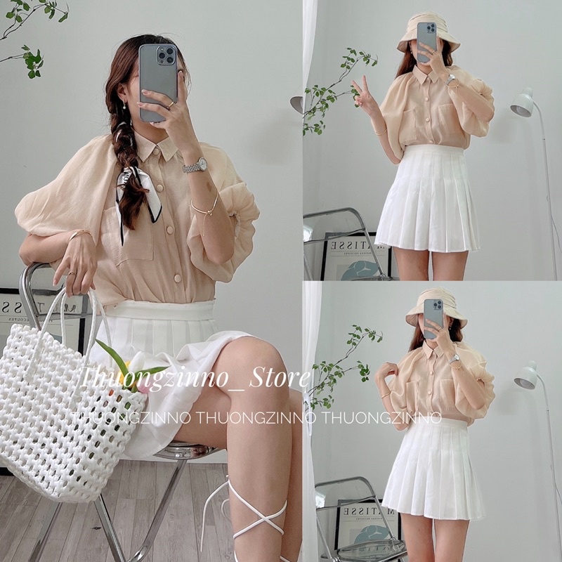 [Ảnh thật/Video] Áo bi bèo Sofia siêu xinh thiết kế cúc bọc 2 màu trắng/ be - áo sơ mi bánh bèo tay phồng